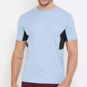 Naked sleeve men's sky blue round T-shirt