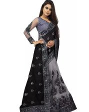 Half and Half Net Black Embroidered Saree with Blouse